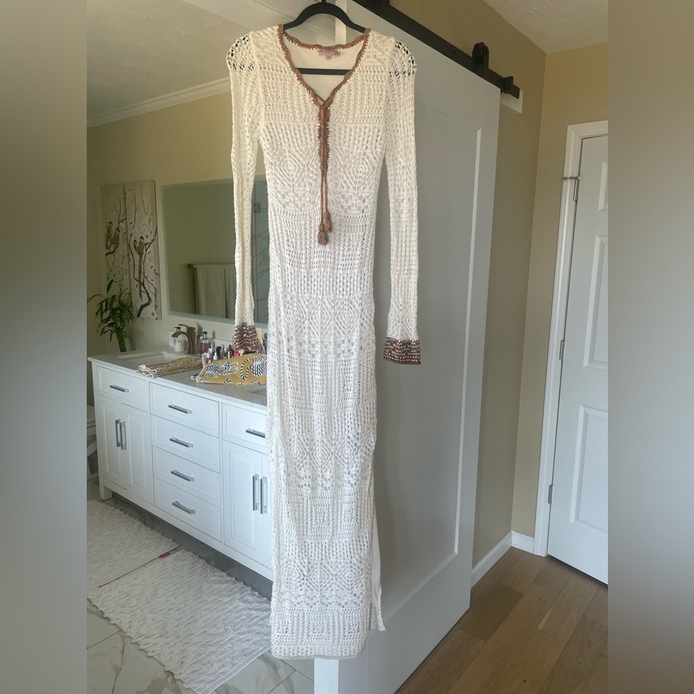 Calypso St. Barth Cream Crochet Maxi Dress with Brown Trim